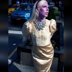 Narciss Fashion Golden Yellow Satin Dress S Floral Puff Sleeve Spring Designer